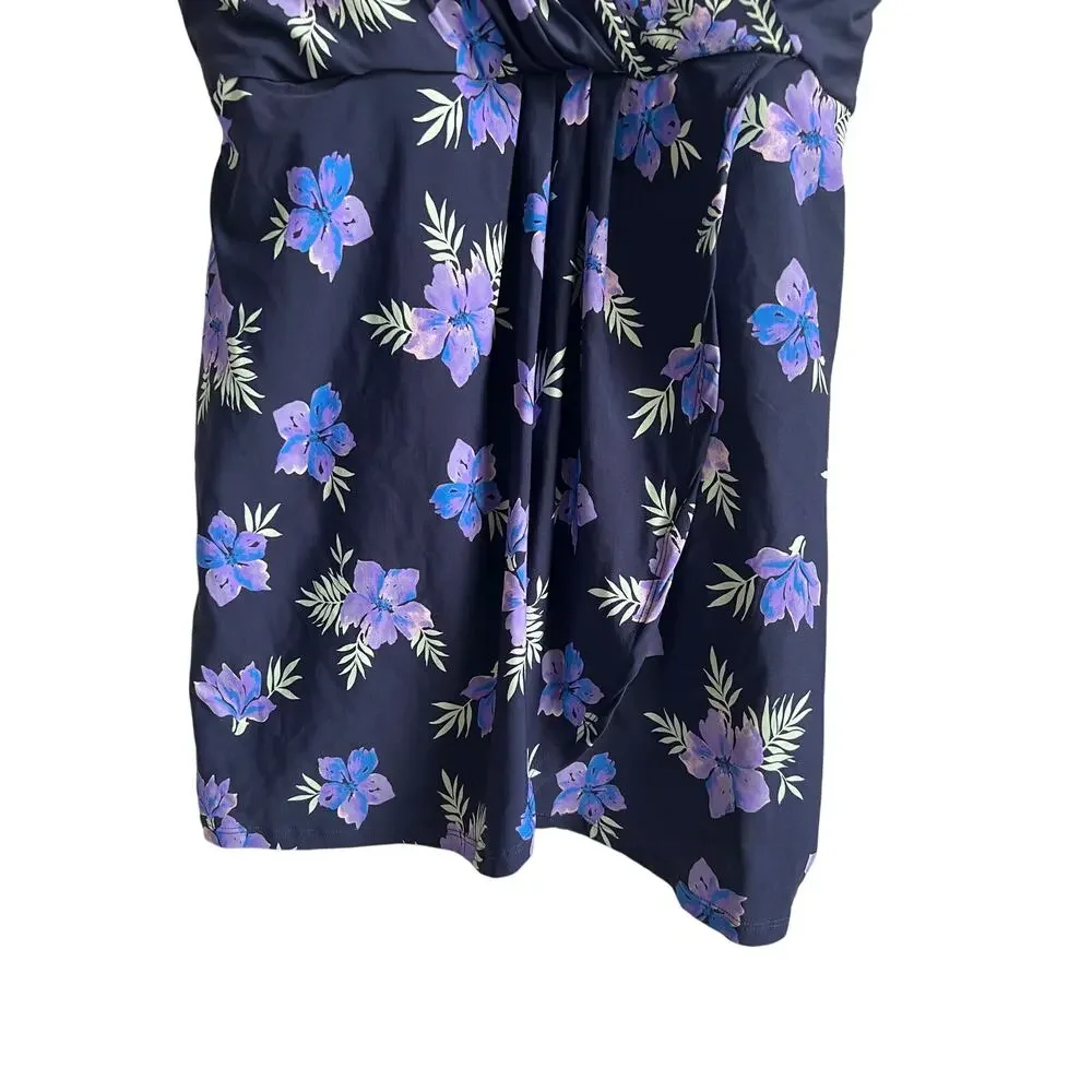 Lands' End Wmns XLARGE V-neck Tulip Wrap UPF 50 Swimsuit One Piece Navy Purple